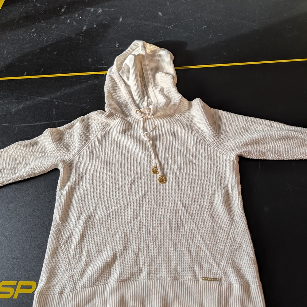 Michael Kors Cream Waffle Knit Hoodie with Gold Detail Womens Medium